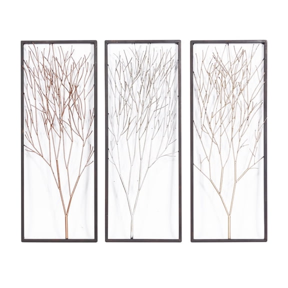 DecMode Black Metal Branch Tree Wall Decor with Metallic Copper, Silver, and Gold (3 Count)