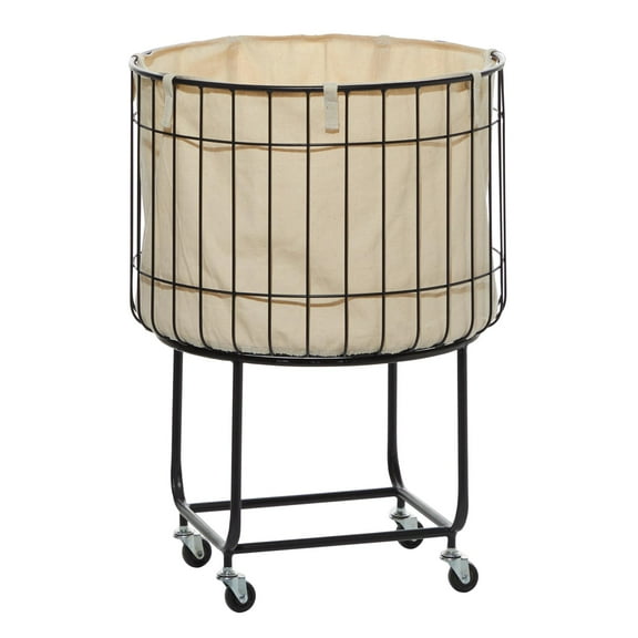 DecMode Black Metal Deep Set Wire Basket Storage Cart with Wheels