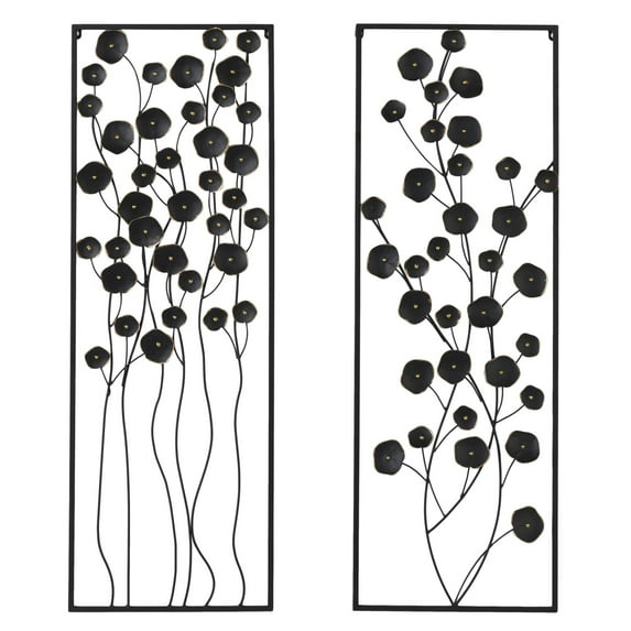 DecMode Black Metal Floral Wall Decor with Black Frame (2 Count)