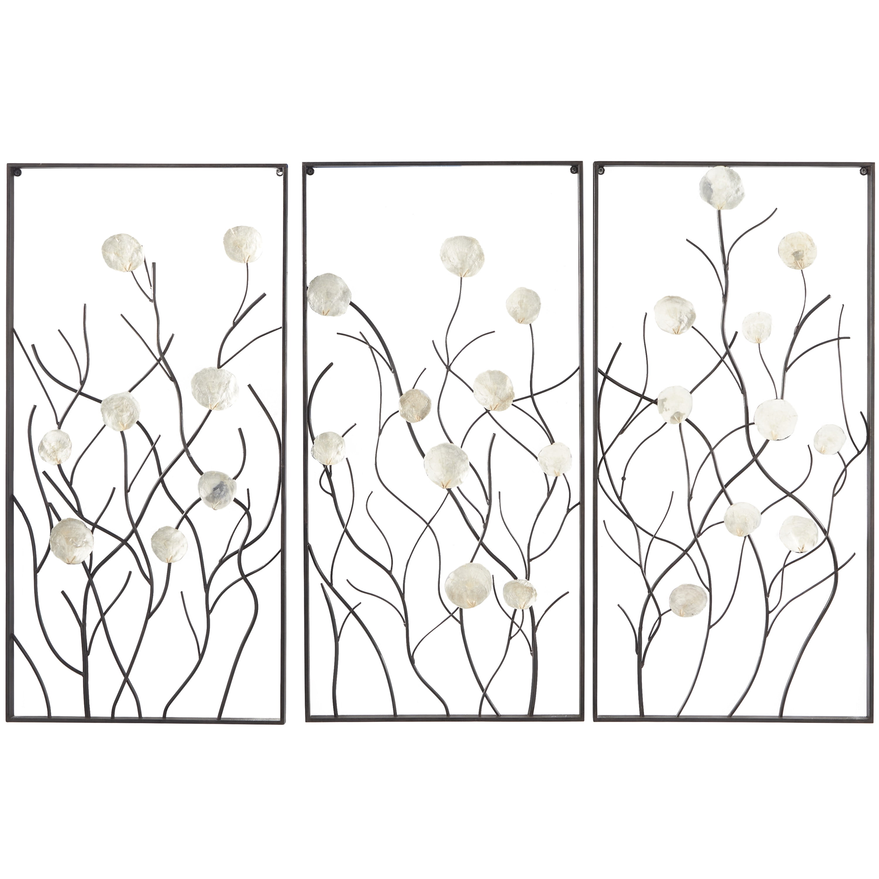 DecMode Black Metal Floral Wall Decor with Capiz Accents (3 Count)