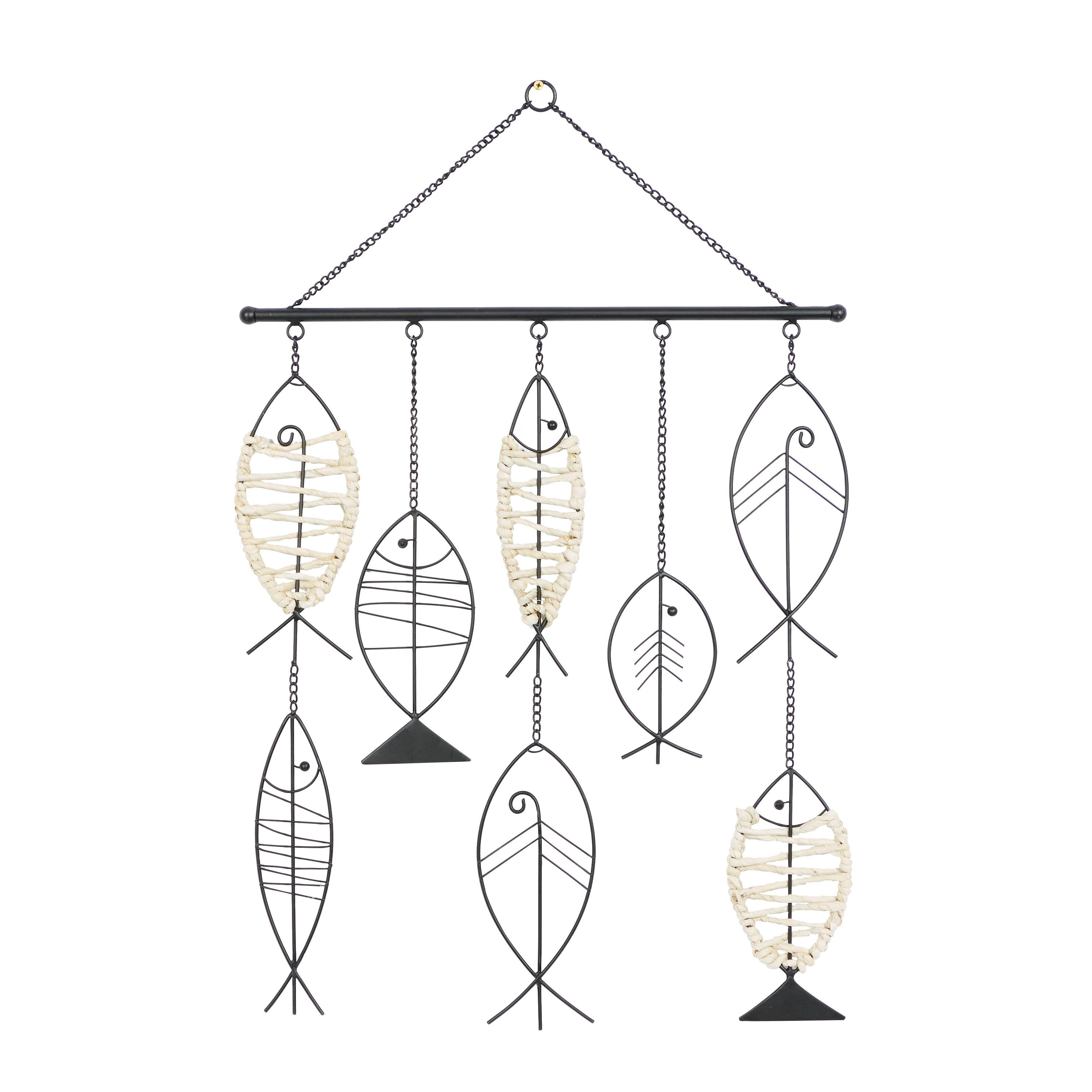 Black Metal and Rattan Coastal Fish Wall Sculpture