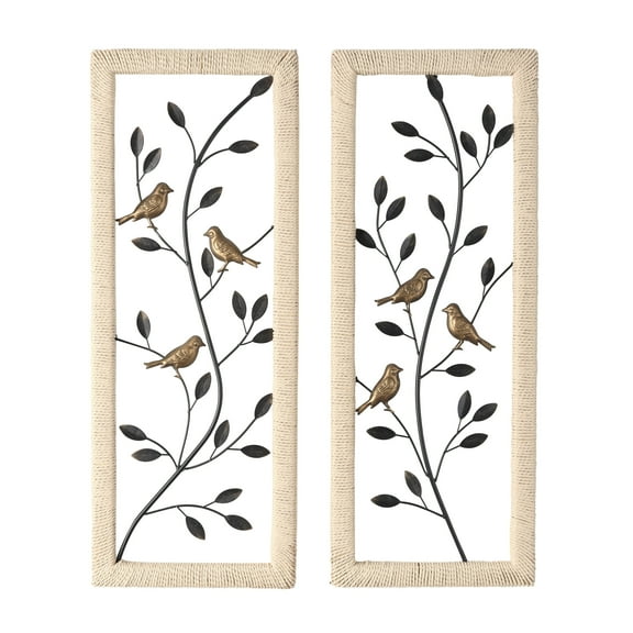 DecMode Black Metal Leaf Wall Decor with Cream Rattan Frame and Bronze Bird Accents (2 Count)