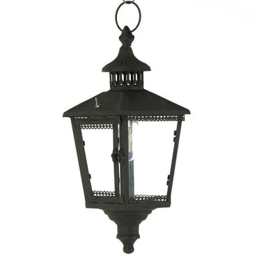 DecMode Black Metal Lighthouse Style Decorative Candle Lantern with Ring Handle