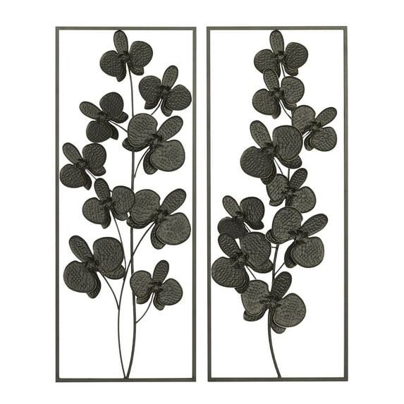 DecMode Black Metal Orchid Floral Wall Decor with Black Metal Stand (2 Count)
