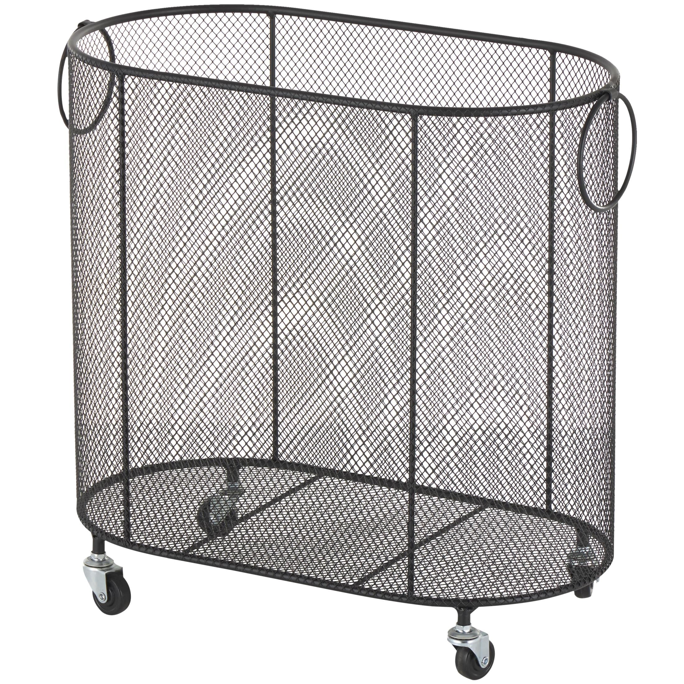 DecMode Black Metal Oval Mesh Wire Rolling Laundry Storage Cart with Ring Handles