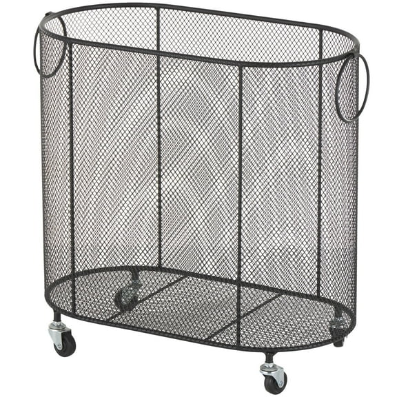 DecMode Black Metal Oval Mesh Wire Rolling Laundry Storage Cart with Ring Handles