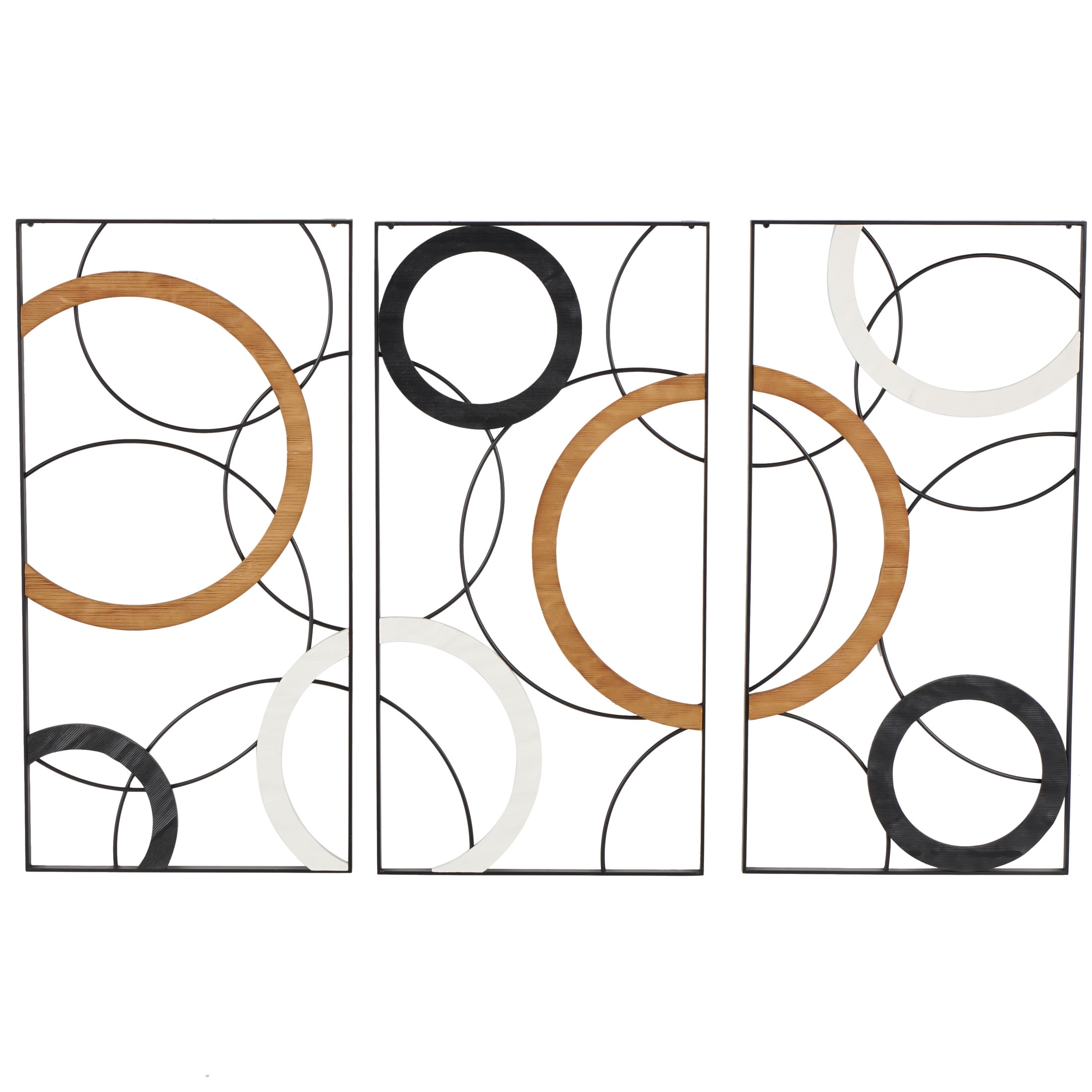 DecMode Black Metal Overlapping Circles Geometric Wall Decor with Brown and White Wooden Accents (3 Count)