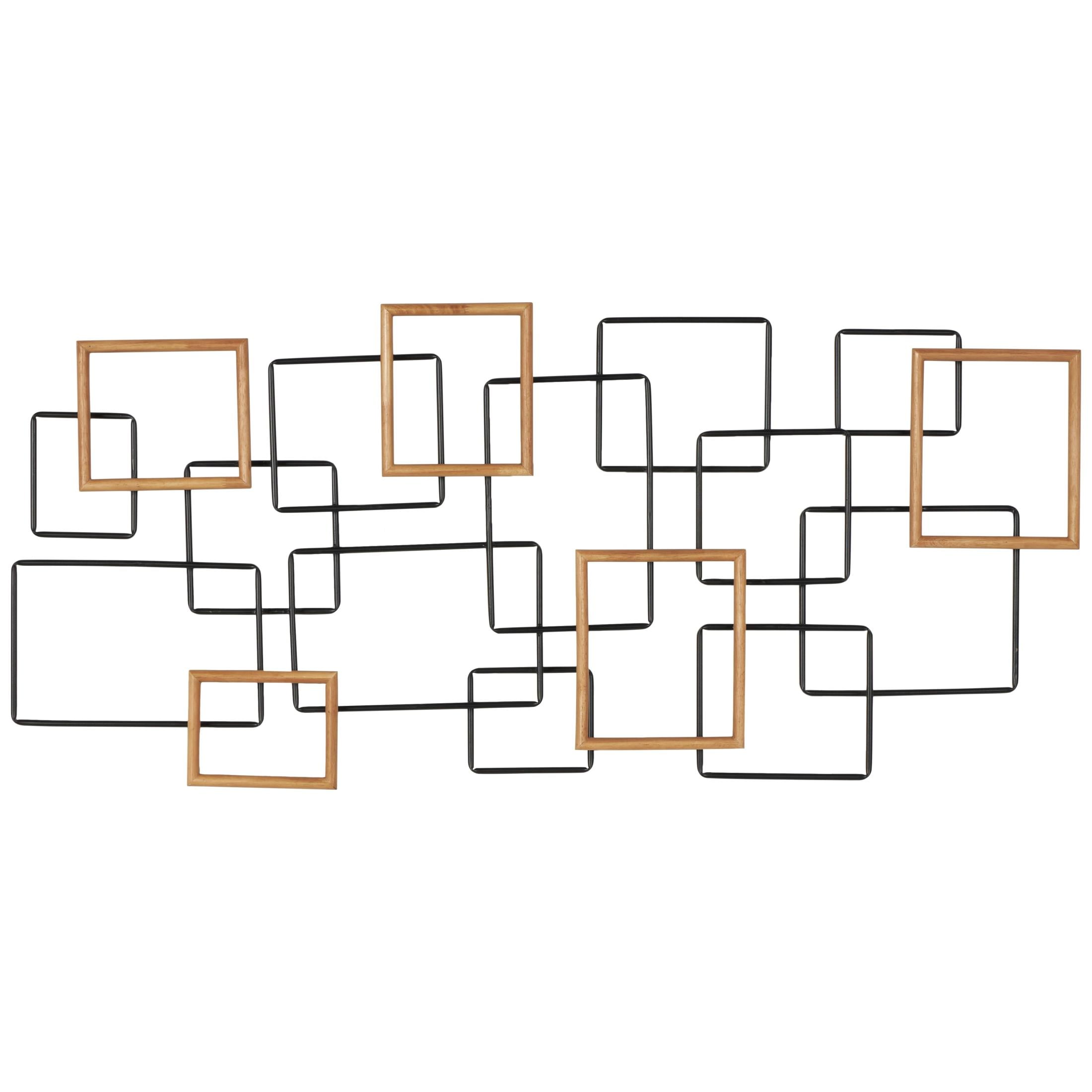 DecMode Black Metal Overlapping Wire Square Geometric Wall Decor with Gold Accents