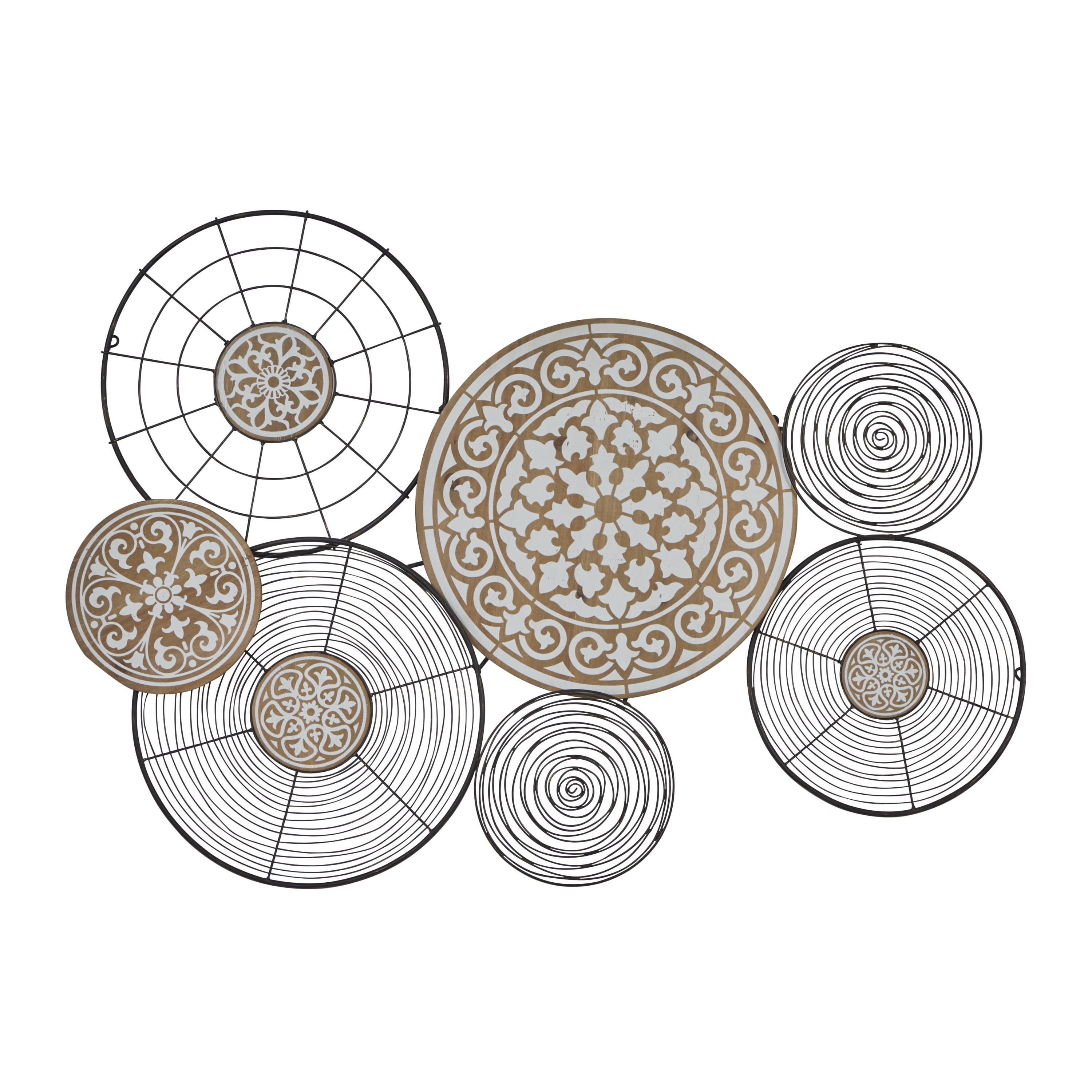 Boho Black and Beige Metal and Pinewood Circle Wall Sculpture