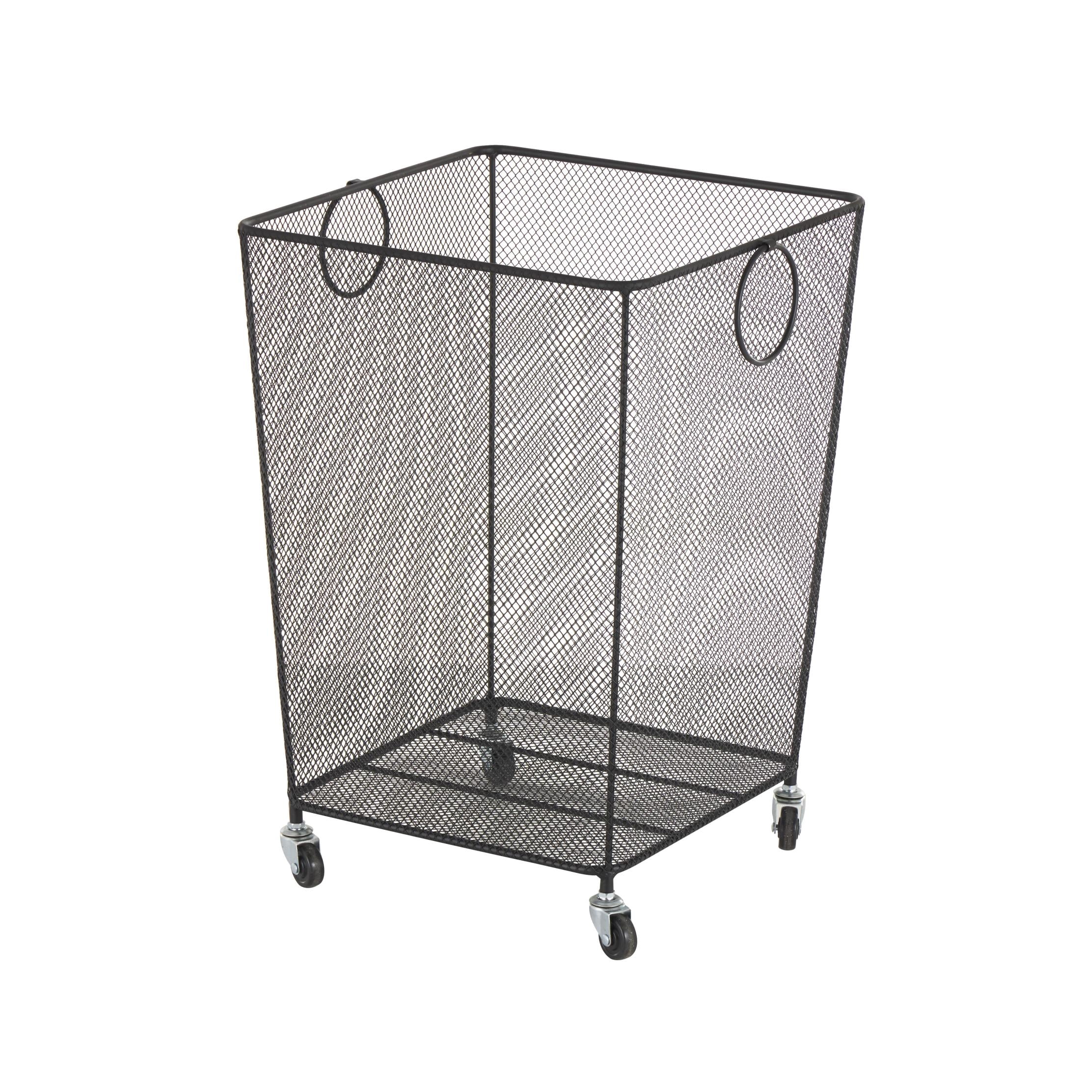 DecMode Black Metal Square Mesh Wire Rolling Laundry Storage Cart with Ring Handles