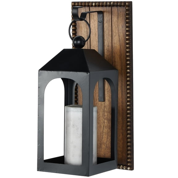DecMode Black Metal Abstract Suspended Arched Cutout Wall Sconce with Brown Wood Backing and Beaded Edge