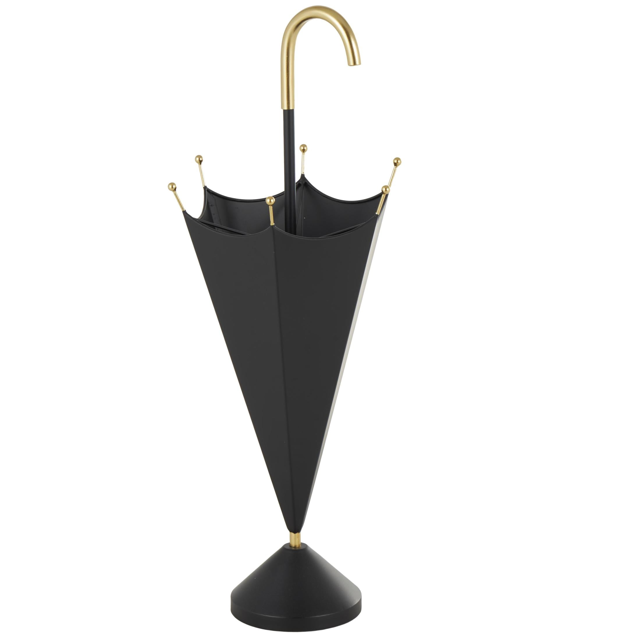 DecMode Black Metal Umbrella Stand with Gold Handle and Ball Details