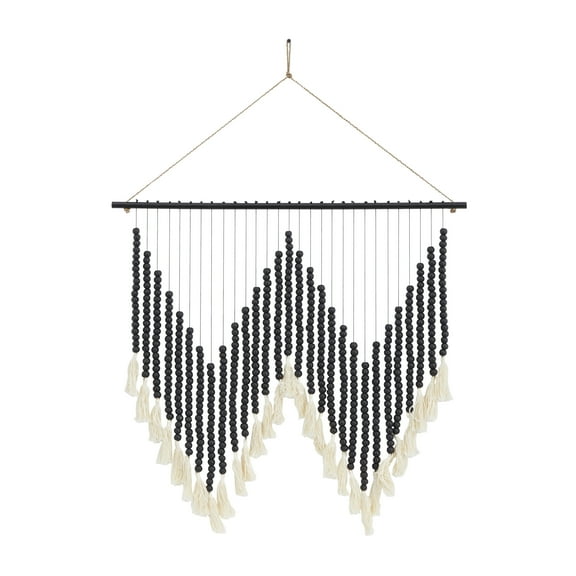CosmoLiving by Cosmopolitan Black Wood Macrame Handmade Beaded Home Wall Decor with Fringe Tassels, 26" x 1" x 35"