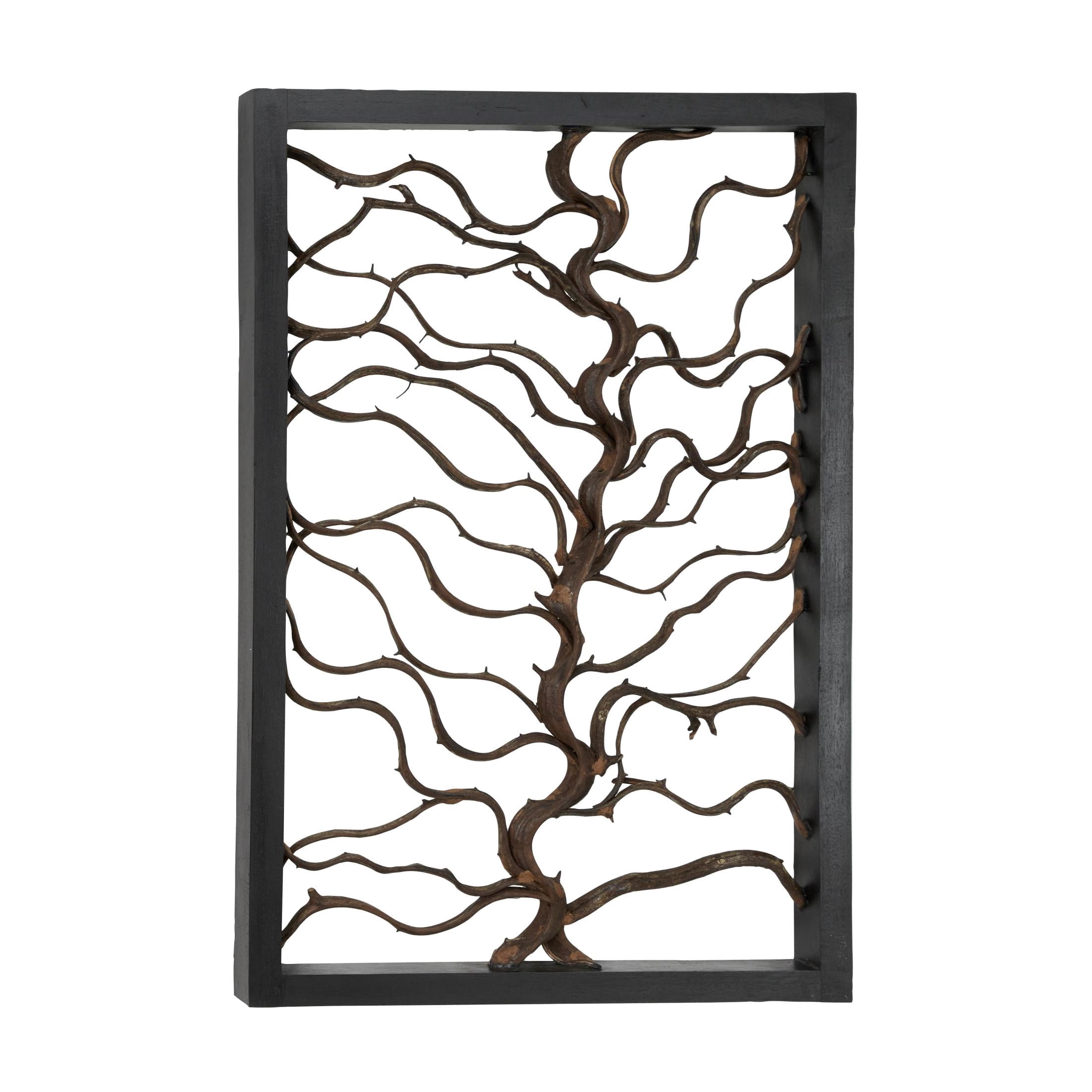 DecMode Brown Teak Wood Branch Tree Wall Decor with Black Frame