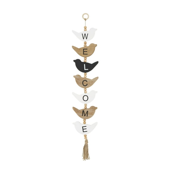 DecMode Black Wood Handmade Welcome Sign Bird Wall Decor with Tassel and Bead Accents