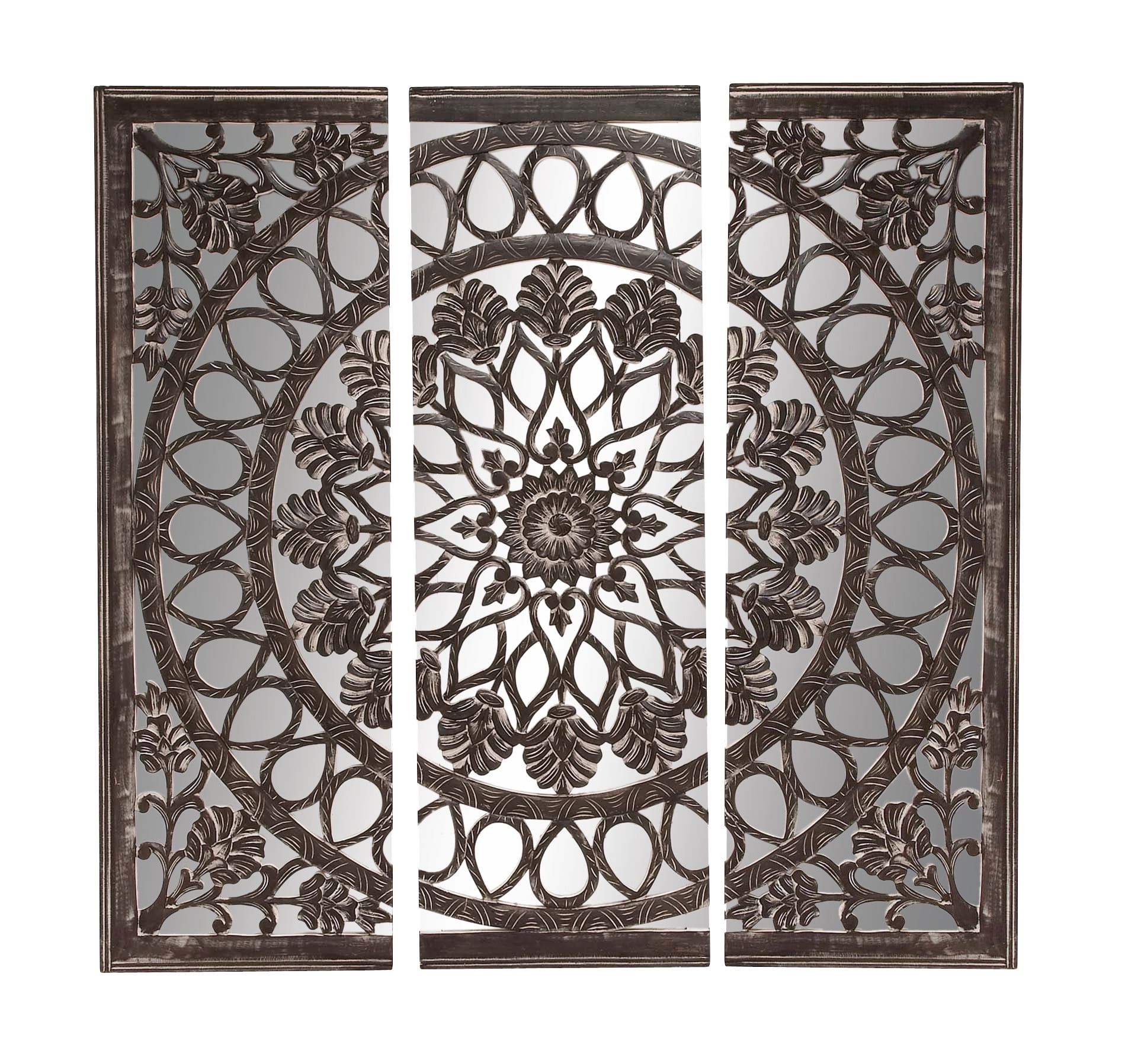 DecMode Black Wooden Handmade Carved Mandala Floral Wall Decor with Mirrored Back Frame (3 Count)