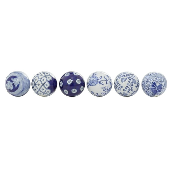 DecMode Blue 3" Floral Handmade Glossy Ceramic Orbs & Vase Filler with Varying Patterns and White Accents (6 Count)