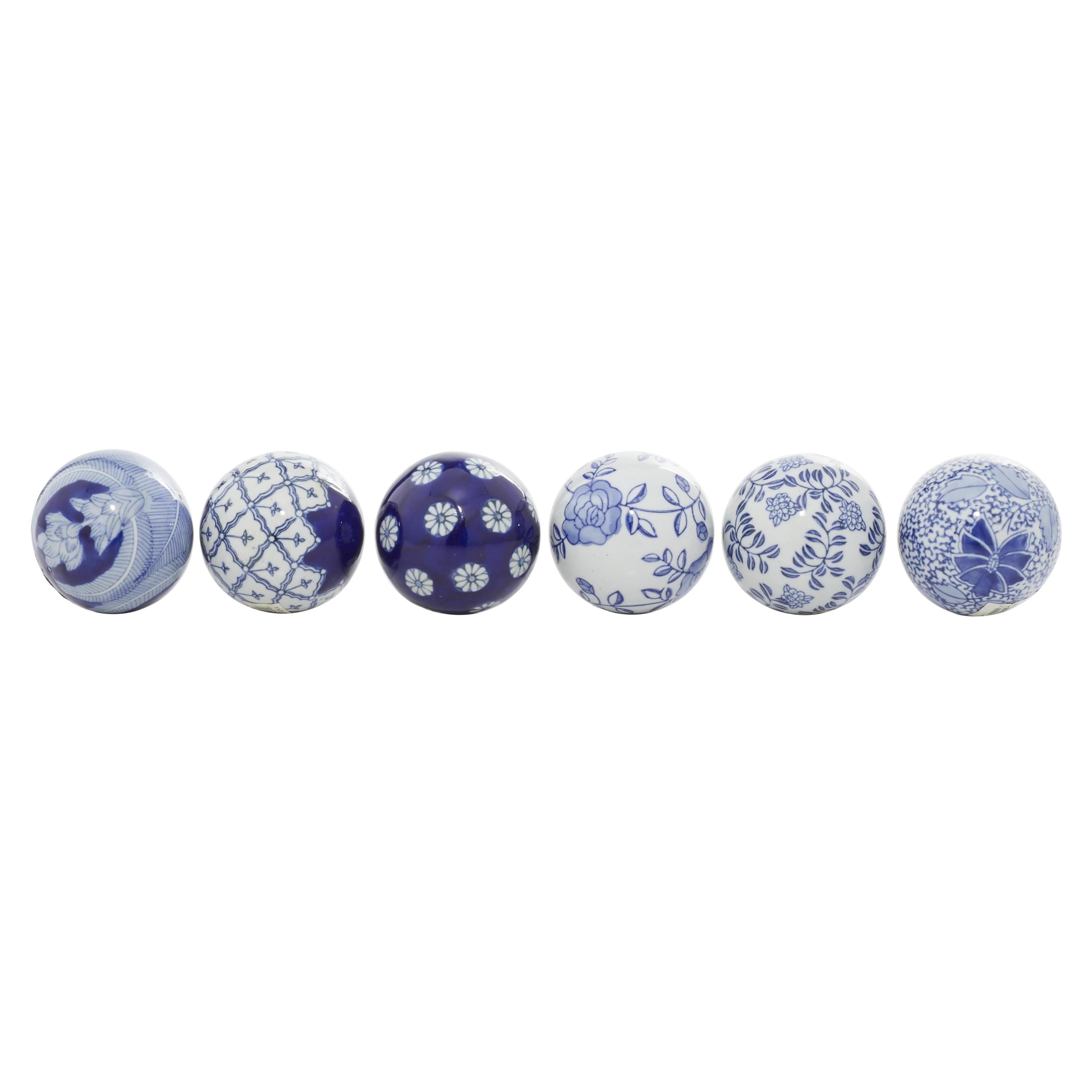 Blue and White Ceramic Floral Pattern Vase Filler Orbs, Set of 6