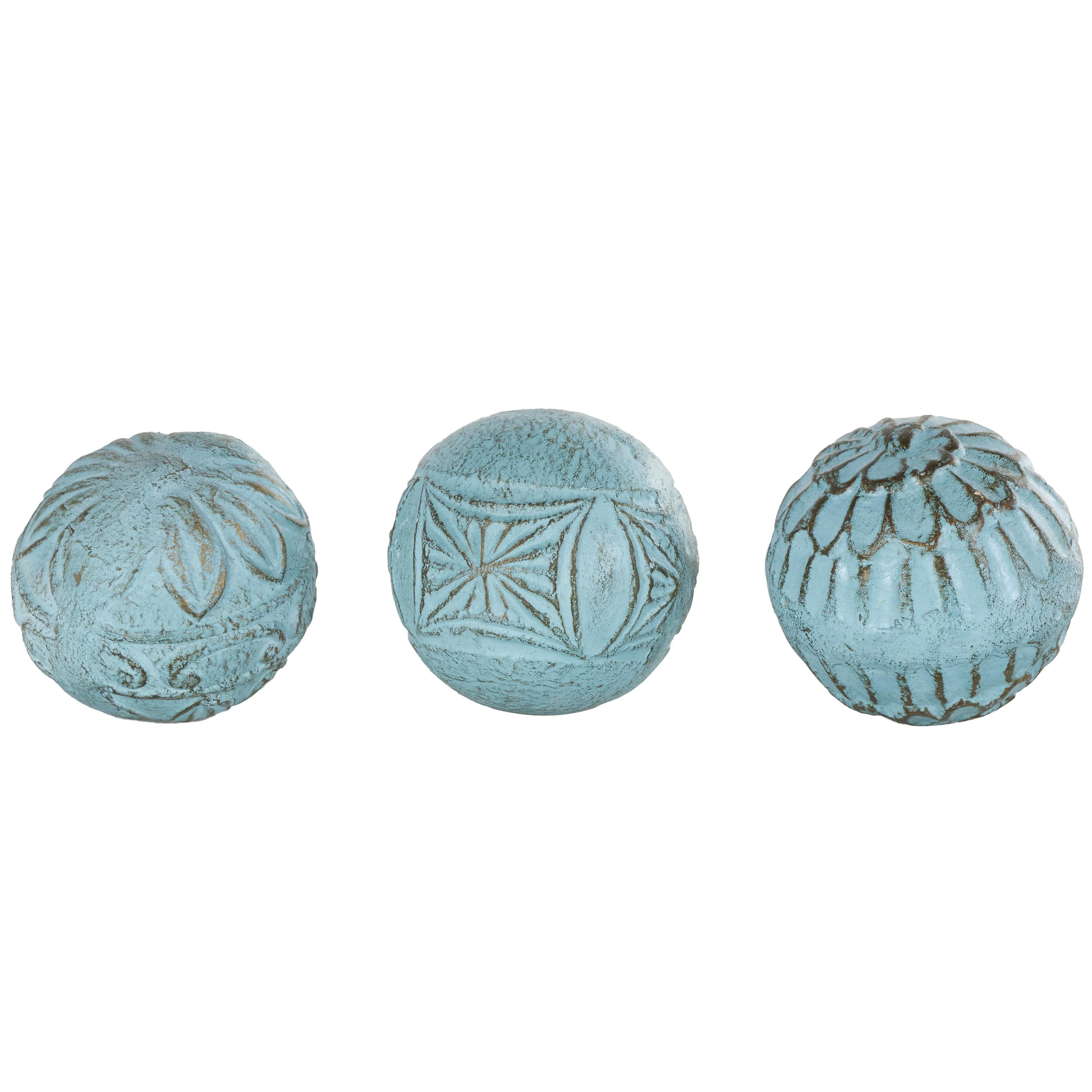DecMode Blue 4" Handmade Intricately Carved Paper Mache Orbs & Vase Filler with Various Floral Patterns (3 Count)