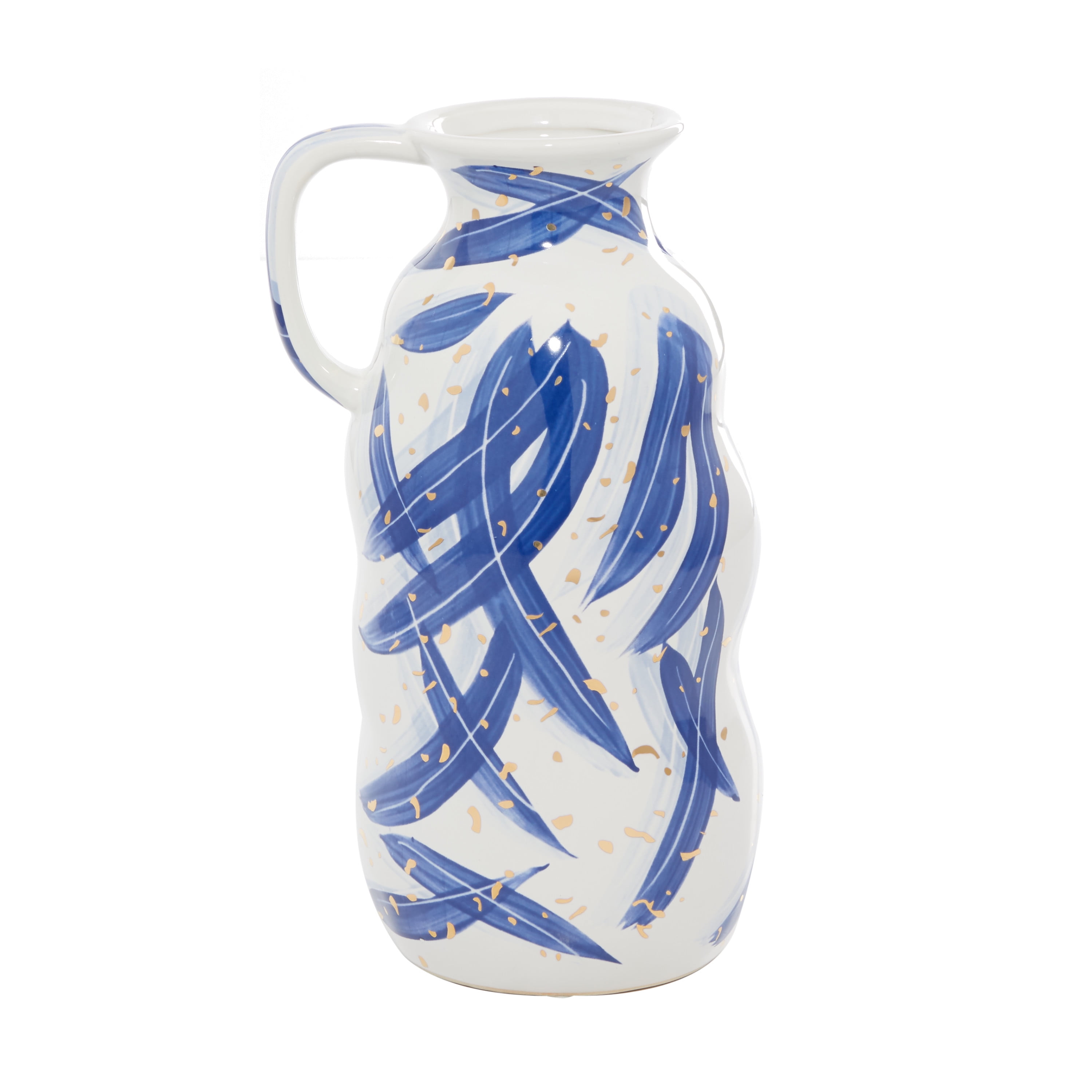 Contemporary Blue Ceramic Vase with Gold Flecks, 7" x 13"