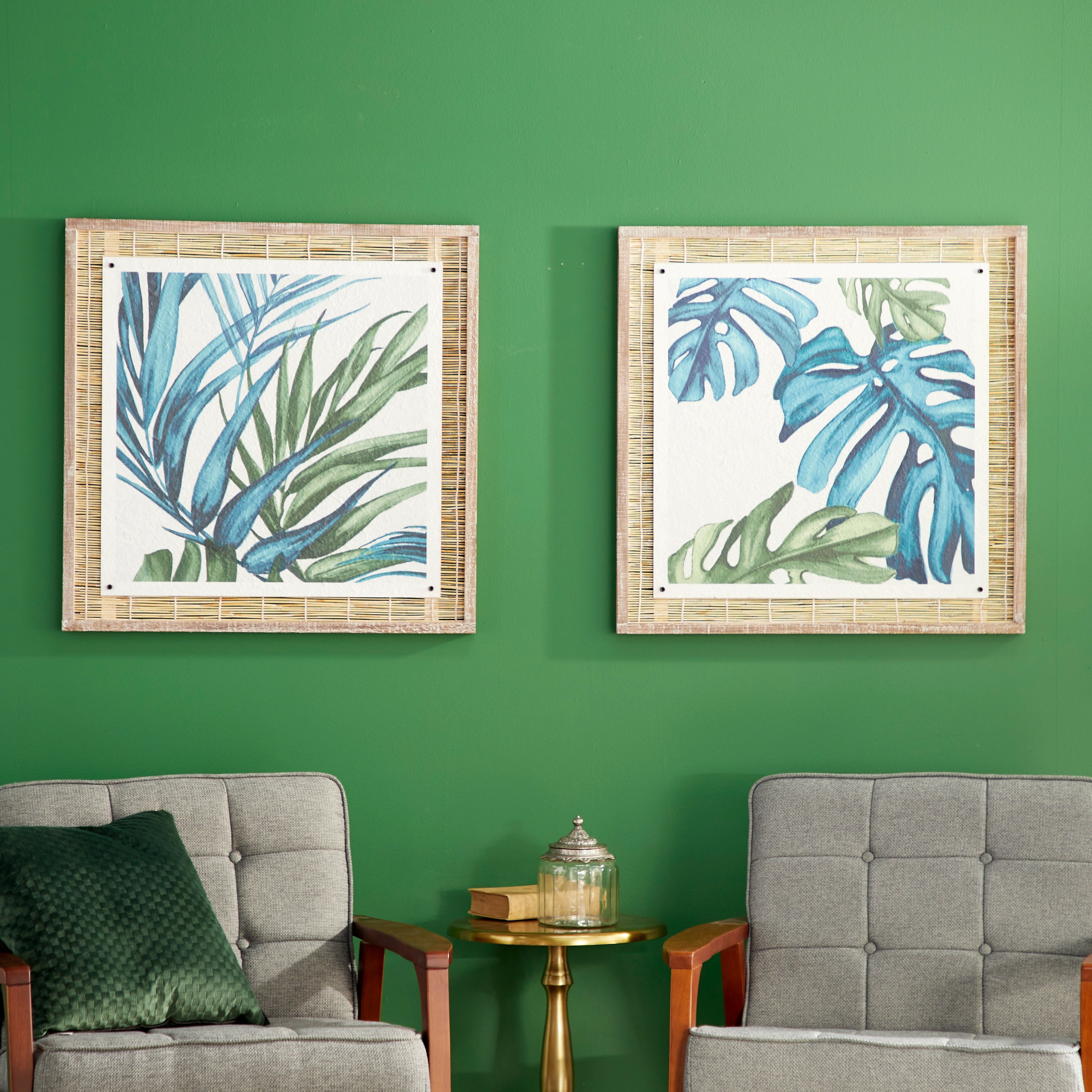 DecMode Blue Dried Plant Leaf Wall Decor with Brown Frame (2 Count ...
