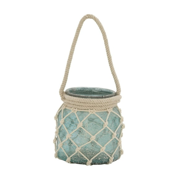DecMode Blue Glass Decorative Candle Lantern with Rope Handle
