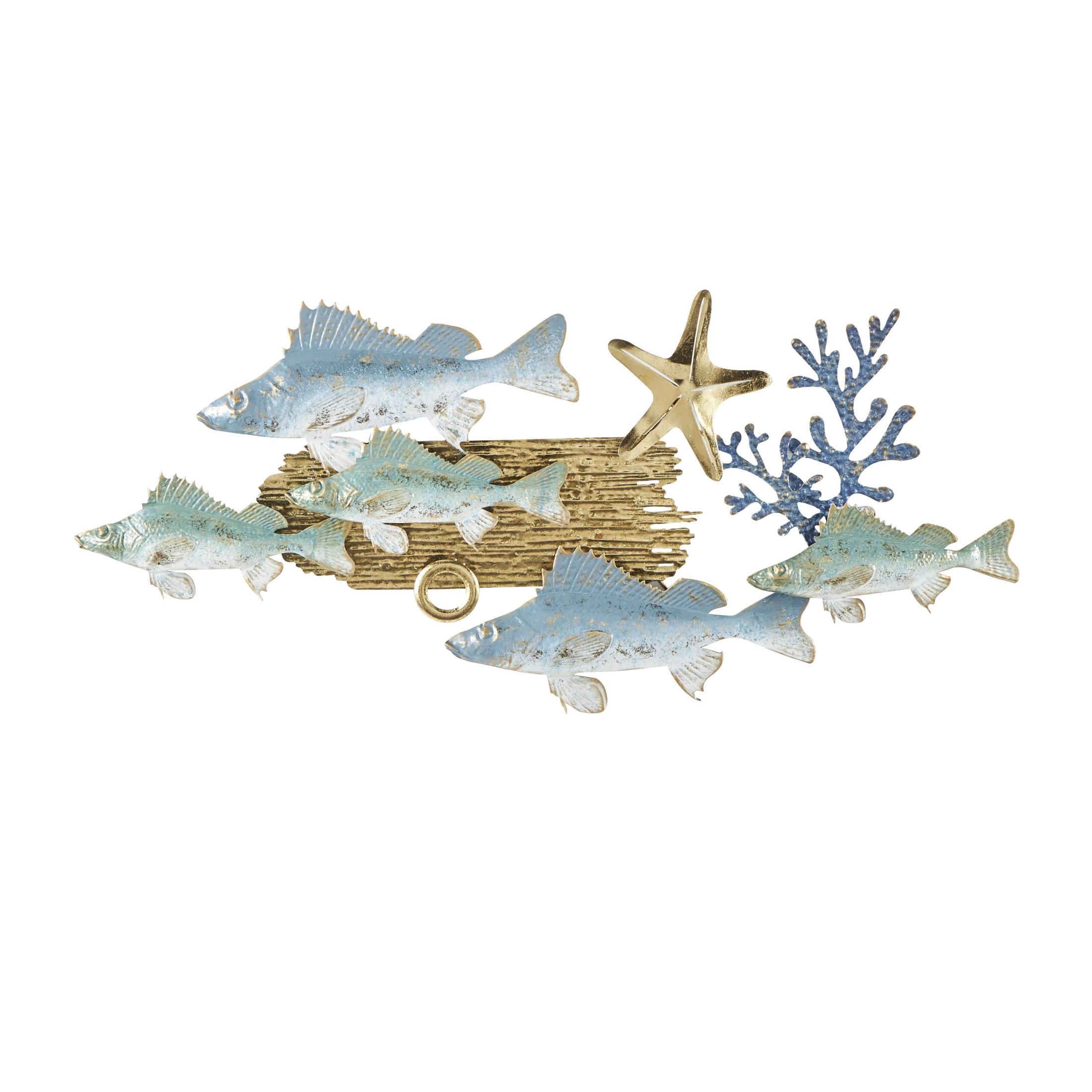 DecMode Blue Metal Fish Wall Decor with Gold Accents