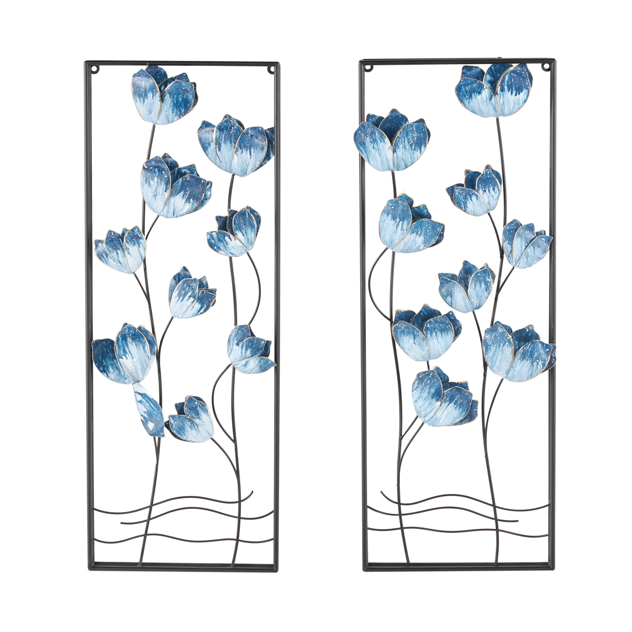 DecMode Blue Metal Floral Wall Decor with Black Metal Stems and Frame ...