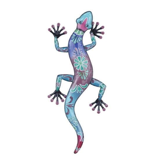DecMode Blue Metal Indoor Outdoor Floral Patterned Lizard Wall Decor with Purple and Teal Accents