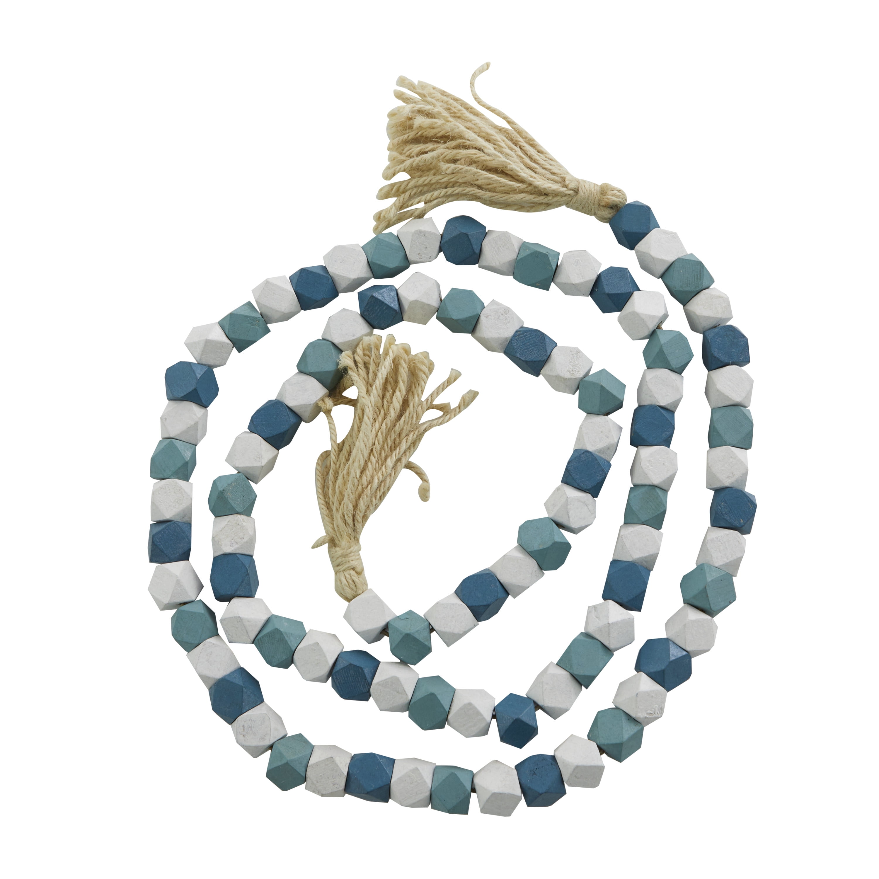 DecMode Blue Wood Bohemian Garland Décor with Geometric Bead Details and Cream Cotton Tassel, 83"L