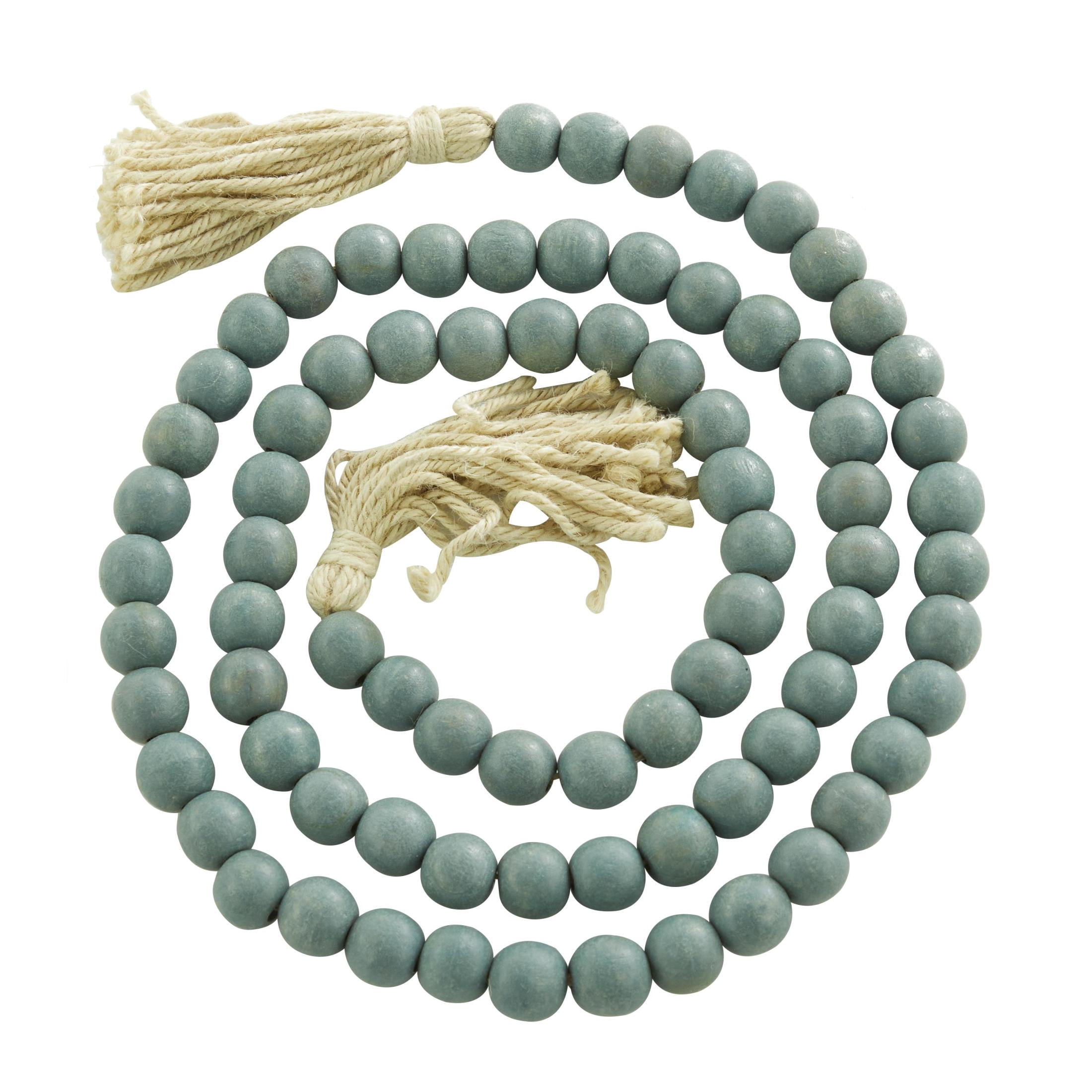 DecMode Blue Wood Bohemian Garland Décor with Geometric Bead Details and Cream Cotton Tassel, 87"L