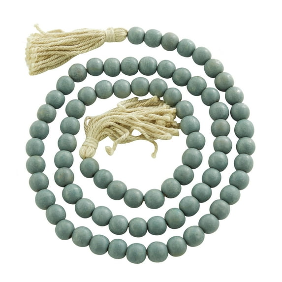 DecMode Blue Wood Bohemian Garland Décor with Geometric Bead Details and Cream Cotton Tassel, 87"L