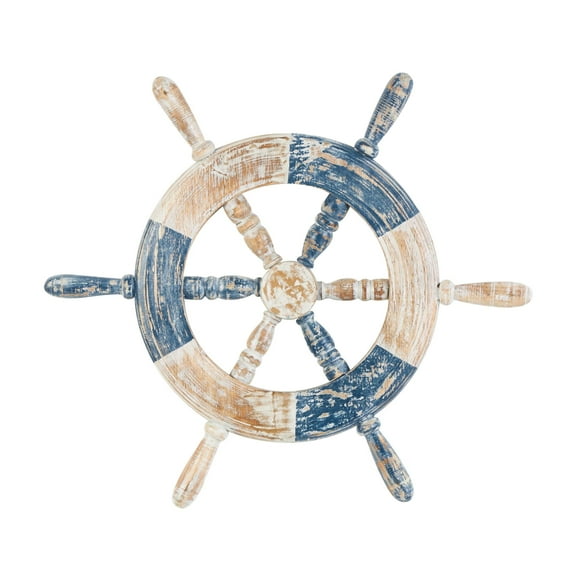 DecMode Blue Wood Distressed Two-Toned Ship Wheel Wall Decor with Brown Accents