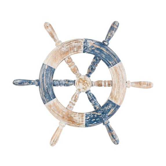 DecMode Blue Wood Distressed Two-Toned Ship Wheel Wall Decor with Brown Accents