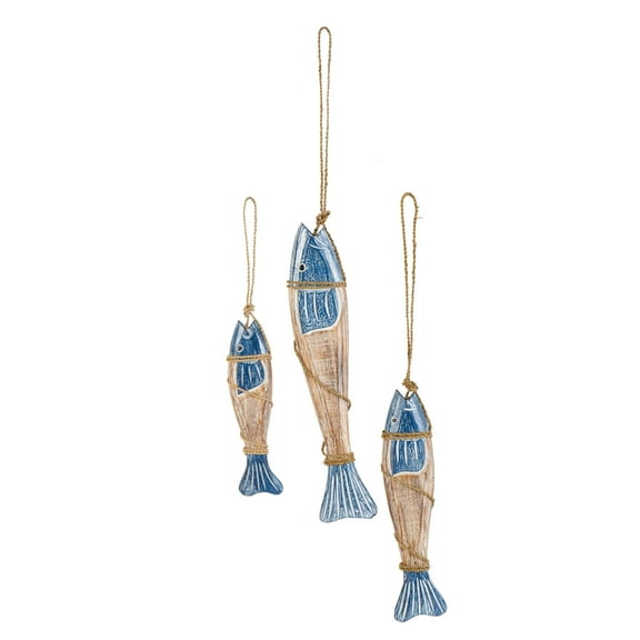 DecMode Blue Wood Handmade Fish Wall Decor with Wrapped Jute Hanging Rope (3 Count)