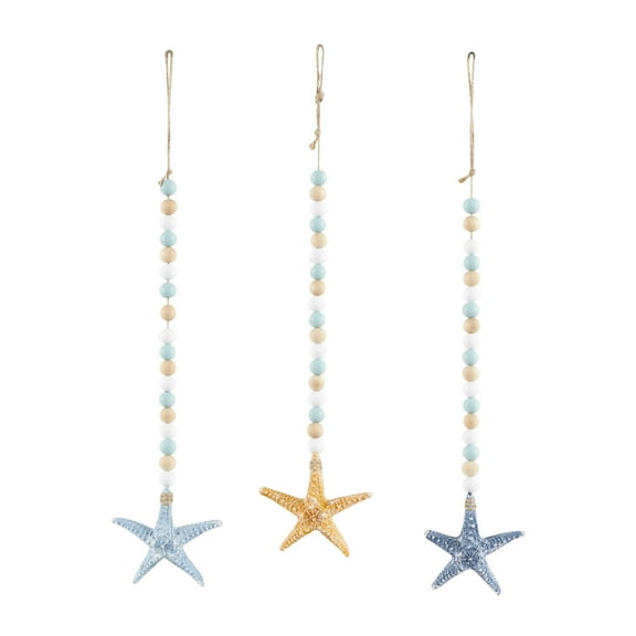 DecMode Blue Wood Handmade Textured Starfish Wall Decor with Long Beaded Hanging Rope (3 Count)