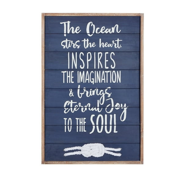 DecMode Blue Wood Ocean Sign Wall Decor with Knotted Ropes