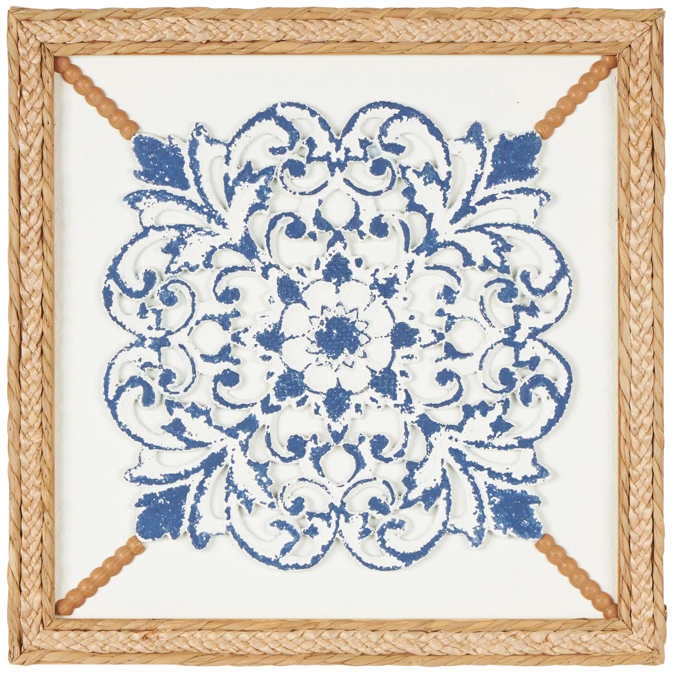 DecMode Blue Wood Relief Floral Wall Decor with Brown Woven Seagrass Frame and White Backing