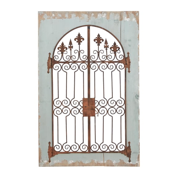 DecMode Blue Wood Arched Windowpane Fleur De Lis Wall Decor with Rust Metal Scrolled Gate