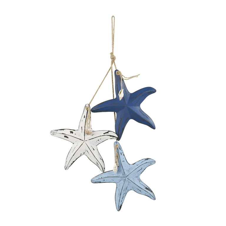 Decmode Blue Wooden Distressed Layered Starfish Wall Decor with Hanging Rope and Decorative Shell Accents, Size: 2.05 inch x 9.95 inch x 27.1 inchh