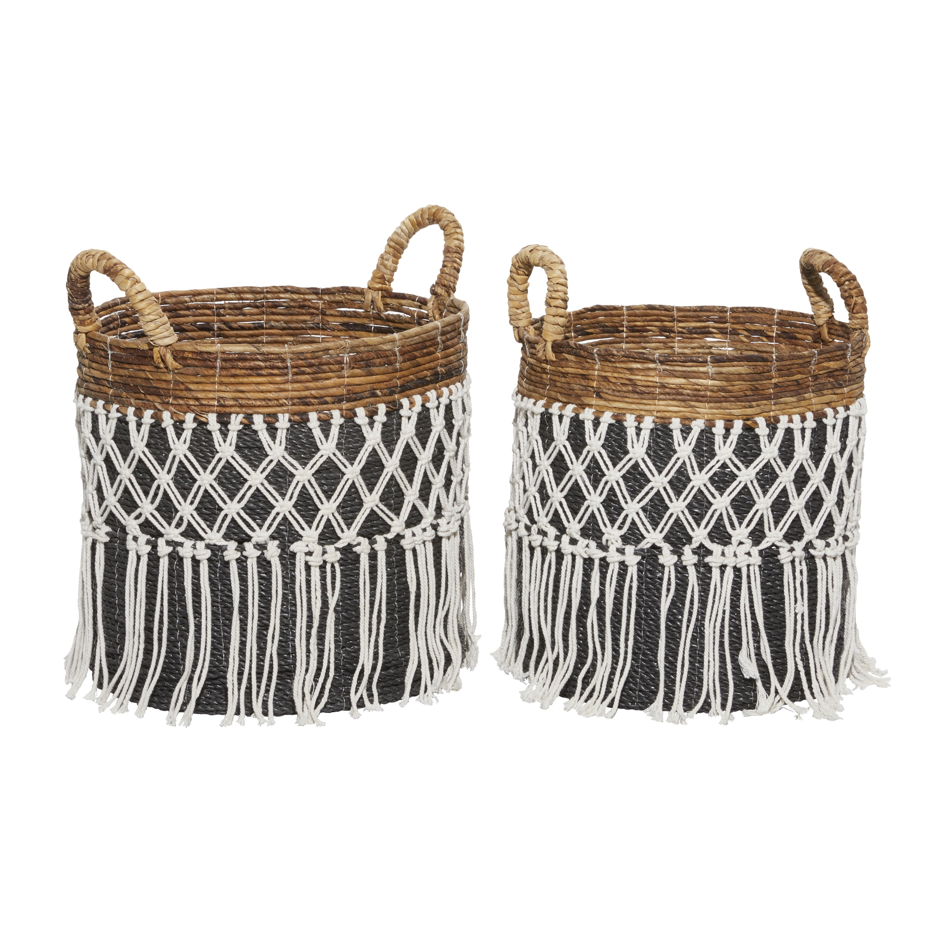 Set of 2 Black and Brown Wicker Bohemian Storage Baskets with Fringe
