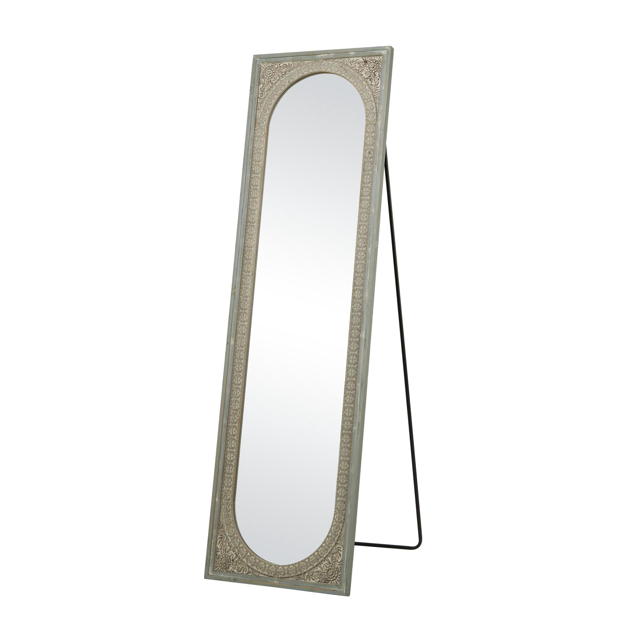 DecMode Bohemian Brown Carved Wood Floor Mirror with Flower and Scroll Designs, 20"W x 70"H