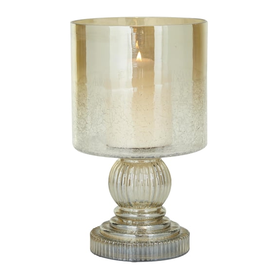 DecMode Brass Glass Handmade Turned Style Pillar Hurricane Lamp with Faux Mercury Glass Finish