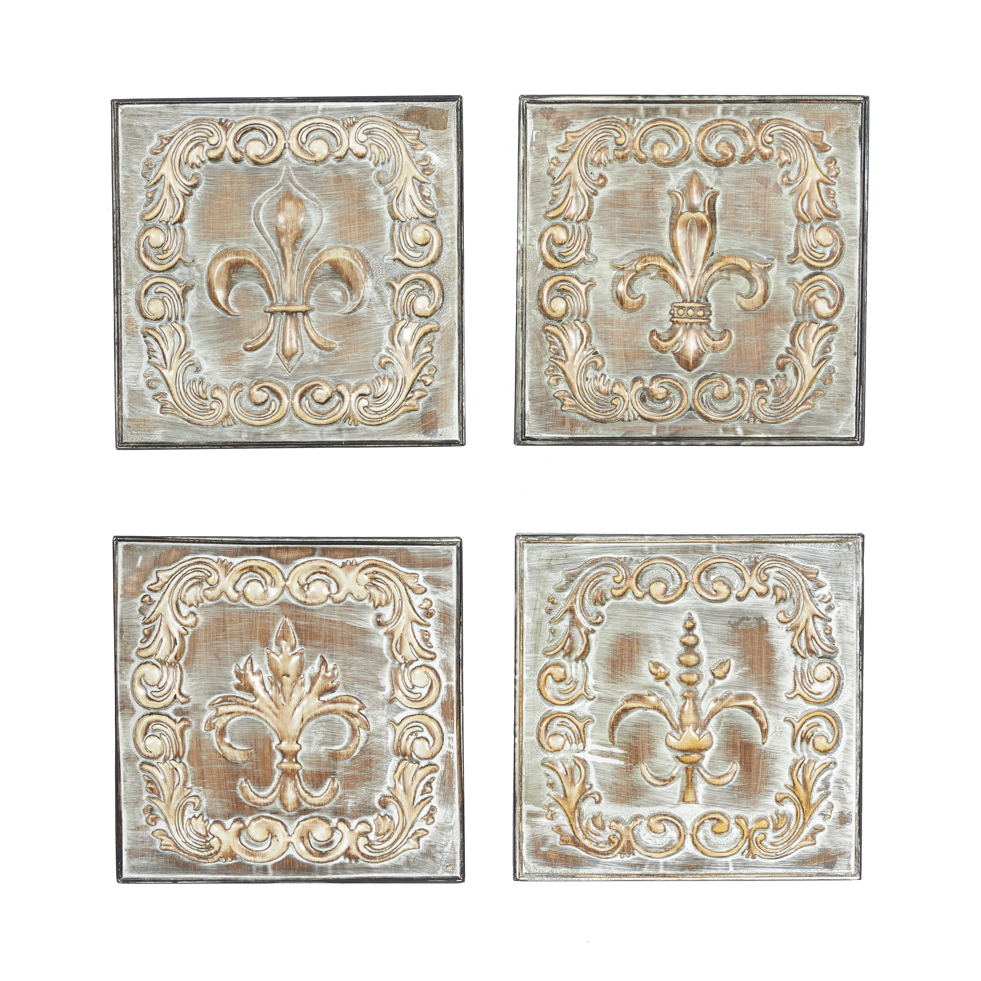 Set of Four Brass Finish Embossed Copper Alloy Wall Sculptures
