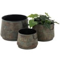 thumbnail image 1 of DecMode Brass Metal Rustic Round Planter Set of 3 16", 13", 11"W, Multi-Color Highlights, Textured Lines and Side Arched Handles with Organic Character, 1 of 14