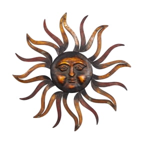 DecMode Brass Metal Sun Wall Decor with Distressed Copper Like Finish