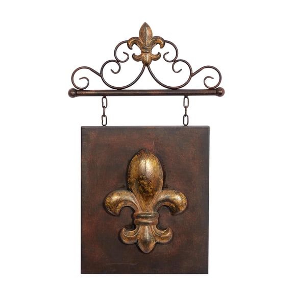 DecMode Bronze Metal Suspended Fleur De Lis Wall Decor with Scrollwork Hanger