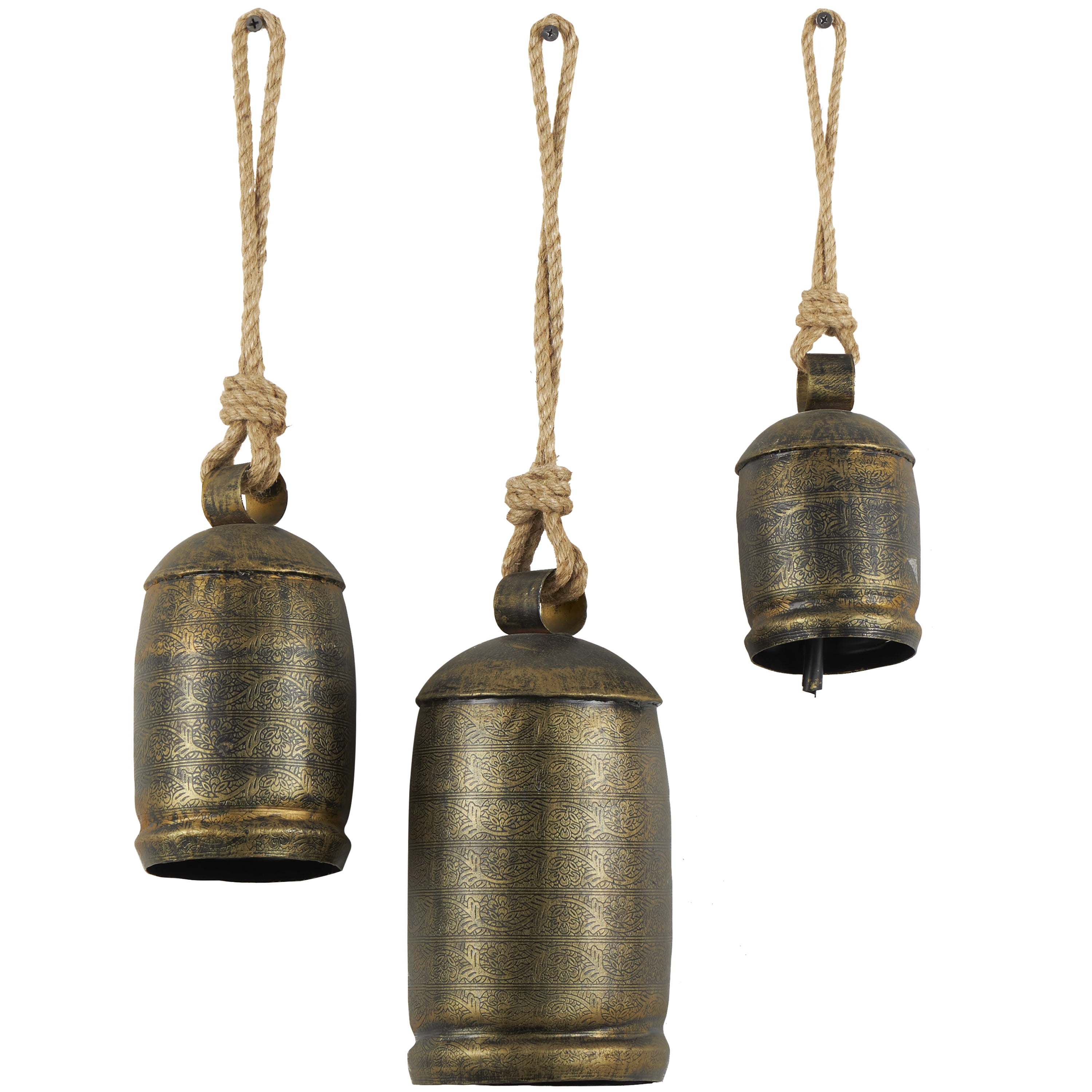 DecMode Bronze Metal Tibetan Inspired Decorative Hanging Bell Chime Set of  3 5, 4, 3H, Features a Round Shape with Solid Pattern and Metal Clappers