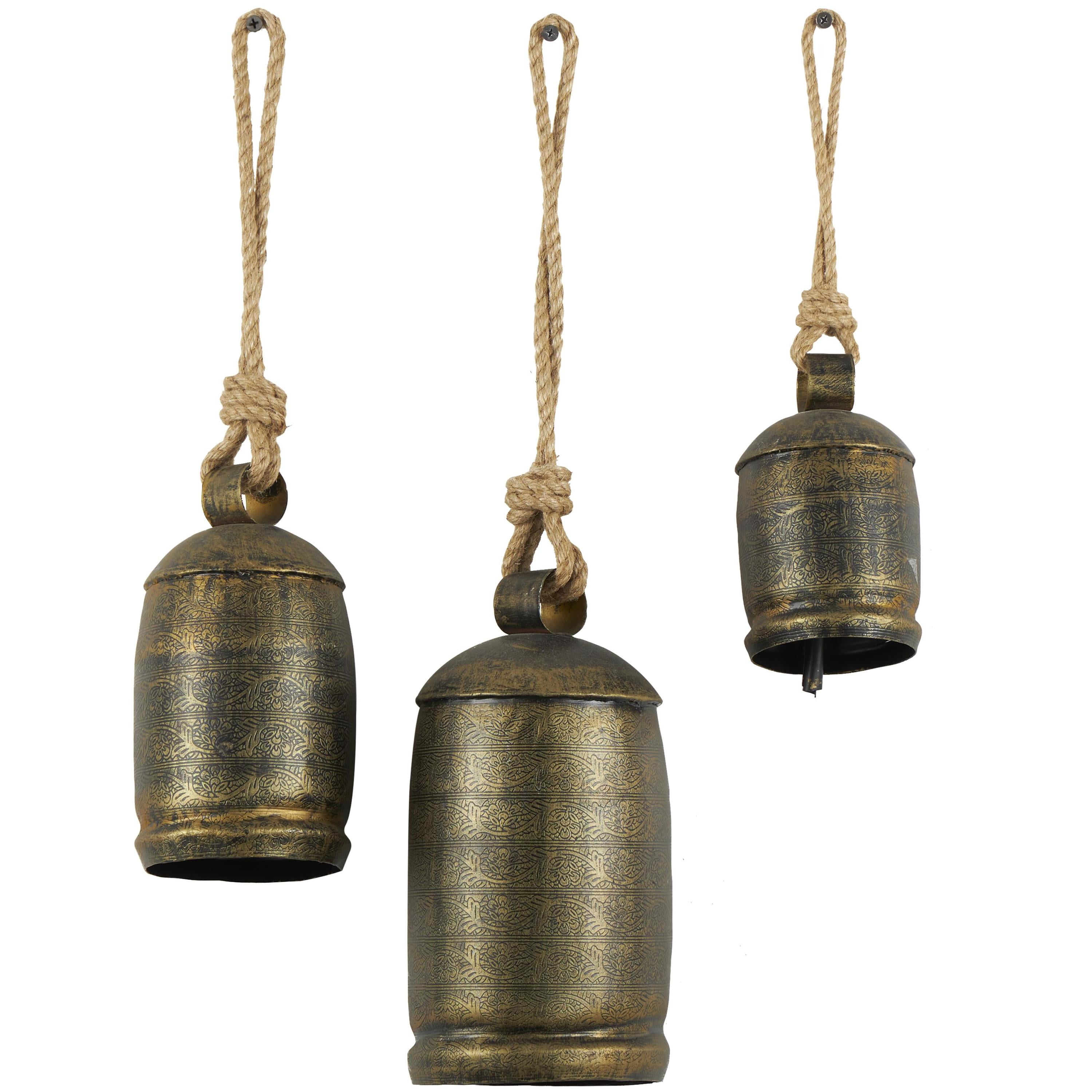 Bronze Metal Tibetan Inspired Decorative Hanging Bell Set with Jute Rope
