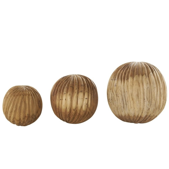 DecMode Brown 6" Handmade Carved Textured Teak Wood Orbs & Vase Filler with Wavy Ridges (3 Count)